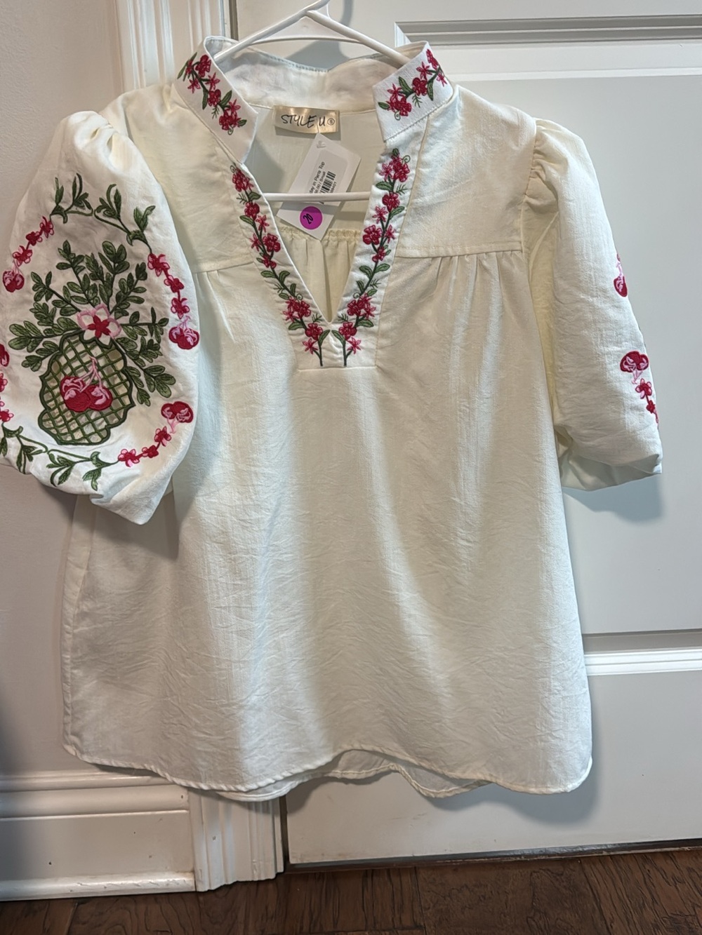 White Embroidered Puff-Sleeve Blouse with Pink Floral Detail